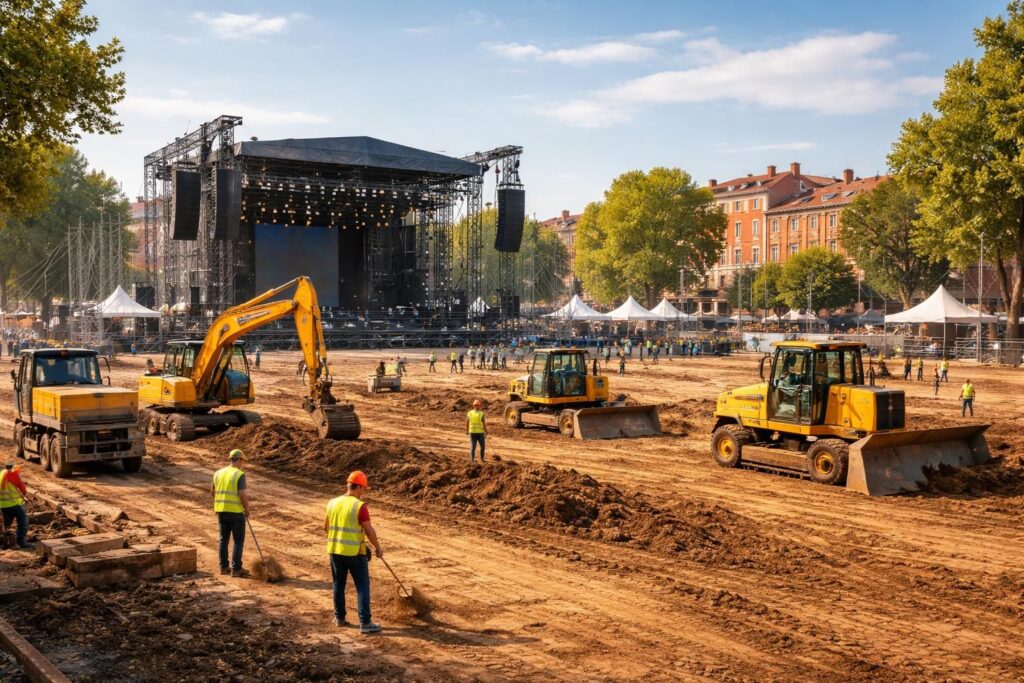 Terrassement scènes festivals à Toulouse avec installations pour concerts en plein air