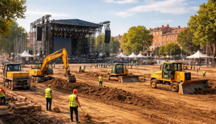 Terrassement scènes festivals à Toulouse avec installations pour concerts en plein air