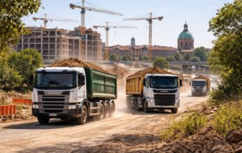 Transport de terre avec camions benne Scania et Volvo pour chantiers à Toulouse