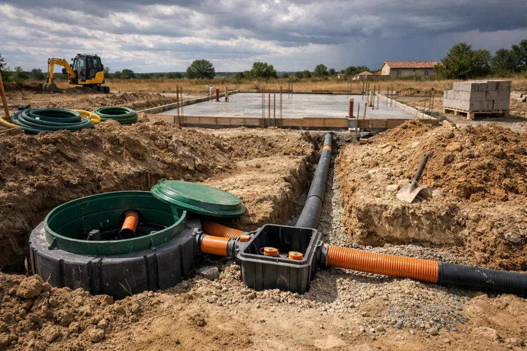 Une fosse ou un raccordement : l&rsquo;assainissement se décide avant la dalle