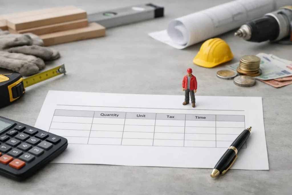 Un devis de travaux se lit en cinq lignes : quantité, unité, TVA, délai